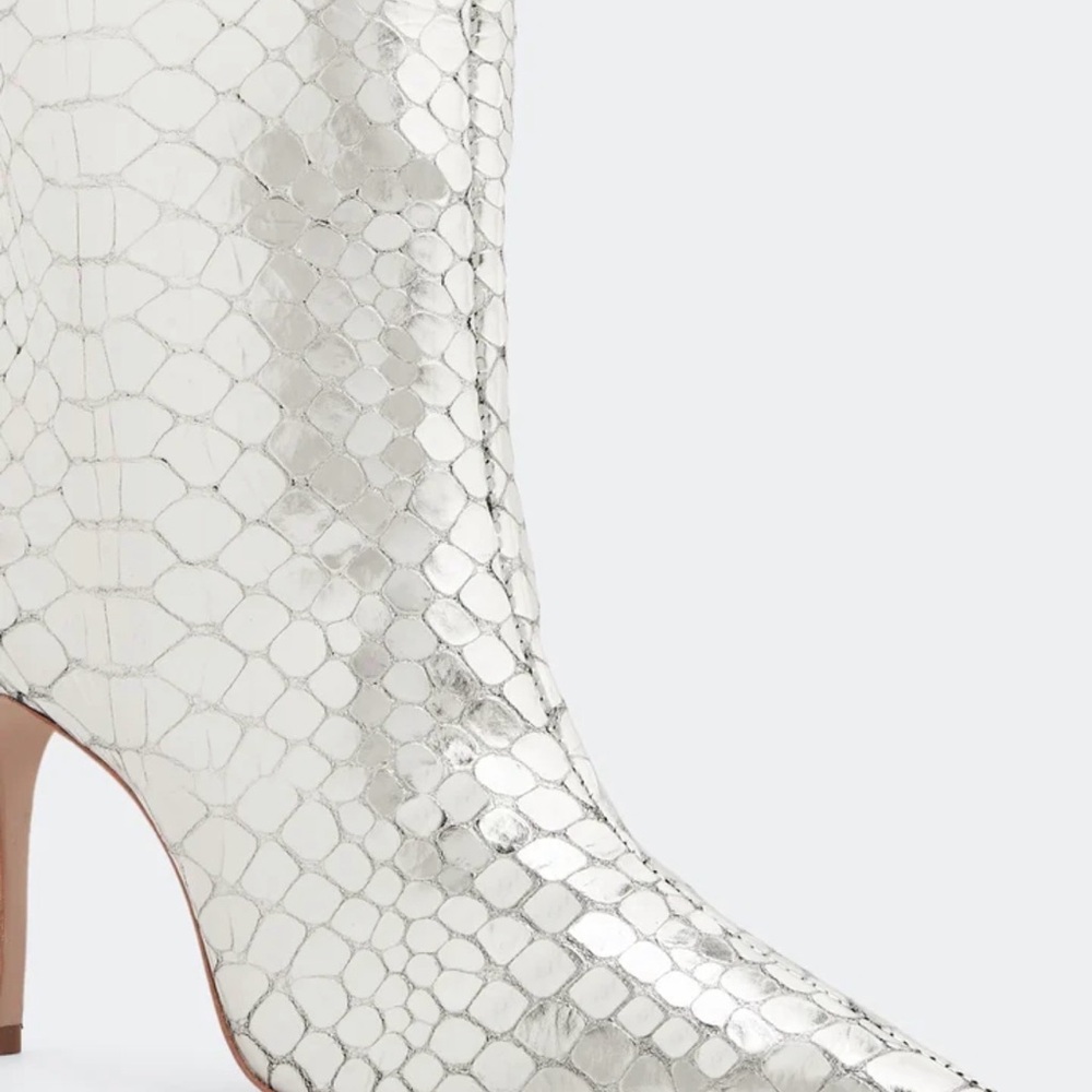 SCHUTZ Silver Metallic Snake-Embossed Pointed-Toe Mid-Calf Stiletto Boots NWOB - Picture 5 of 11